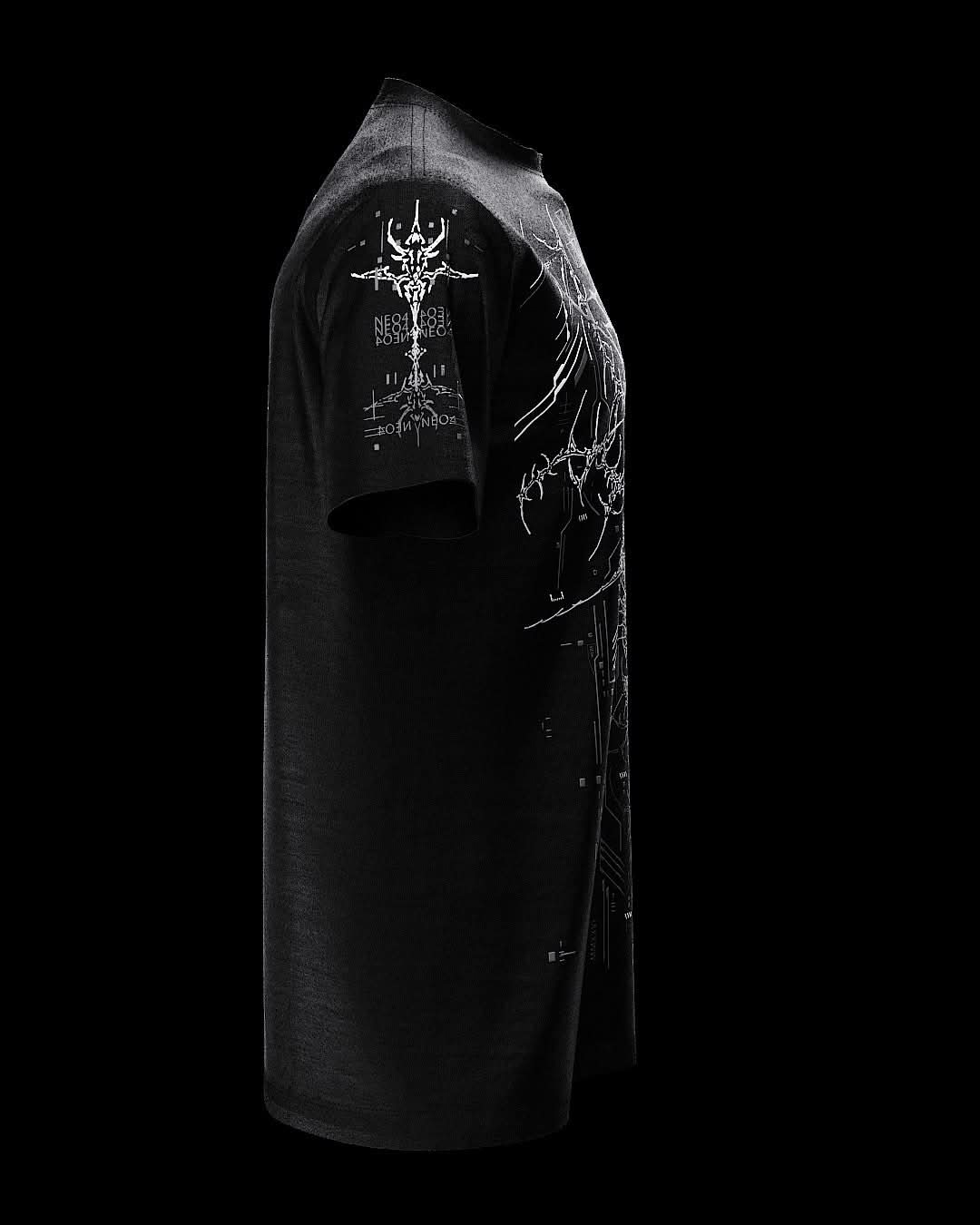 Side view of black T-shirt with fine gray ornamental artwork.