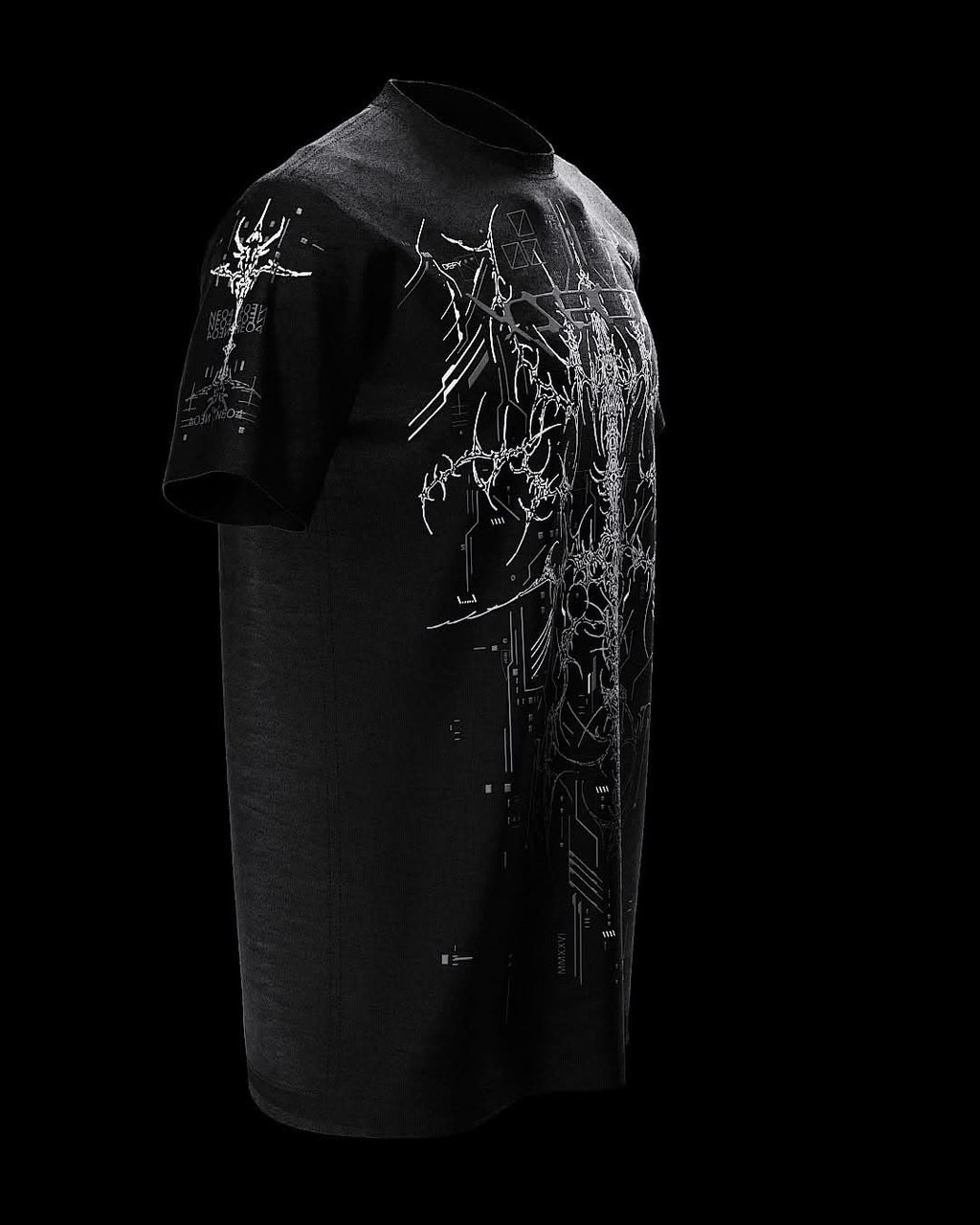 Angled front view of black T-shirt with fine gray ornamental artwork.