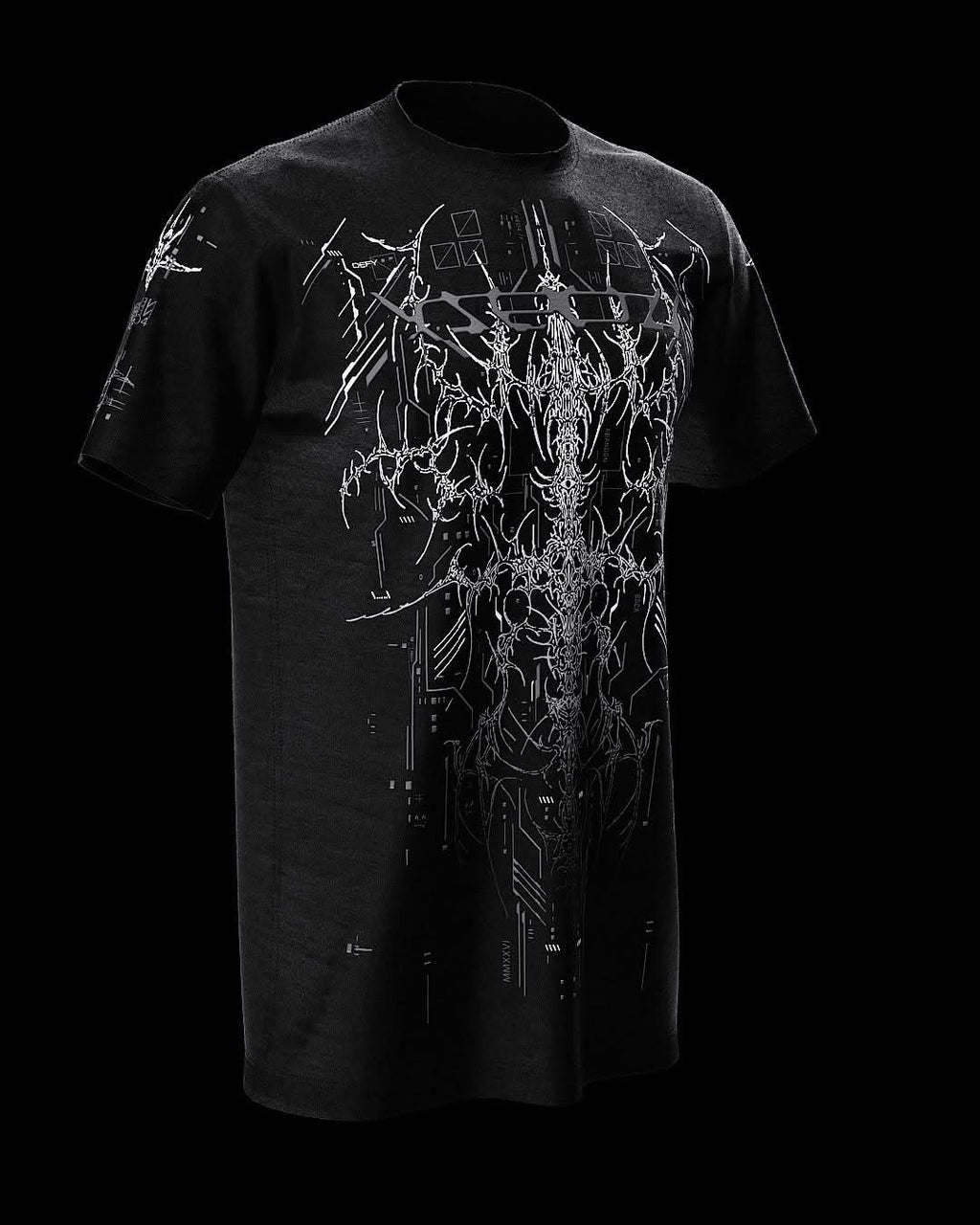 Front view of black T-shirt with fine gray ornamental artwork.