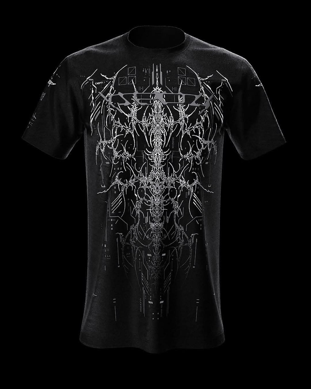 Front view of black T-shirt with fine gray ornamental artwork.