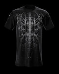 Front view of black T-shirt with fine gray ornamental artwork.