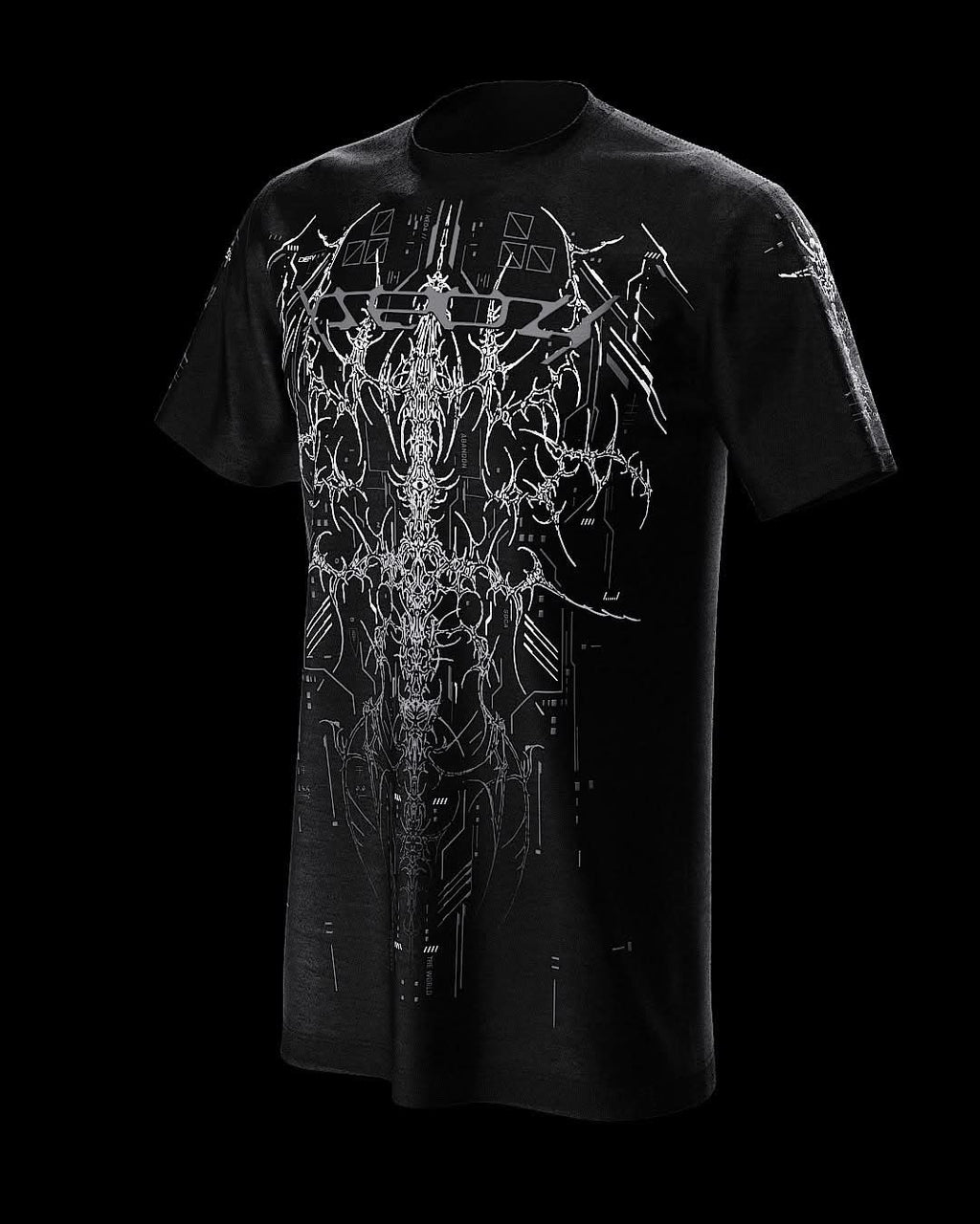 Front view of black T-shirt with fine gray ornamental artwork.