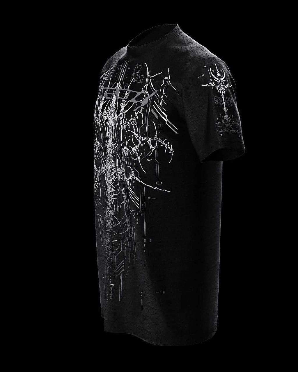 Angled front view of black T-shirt with fine gray ornamental artwork.
