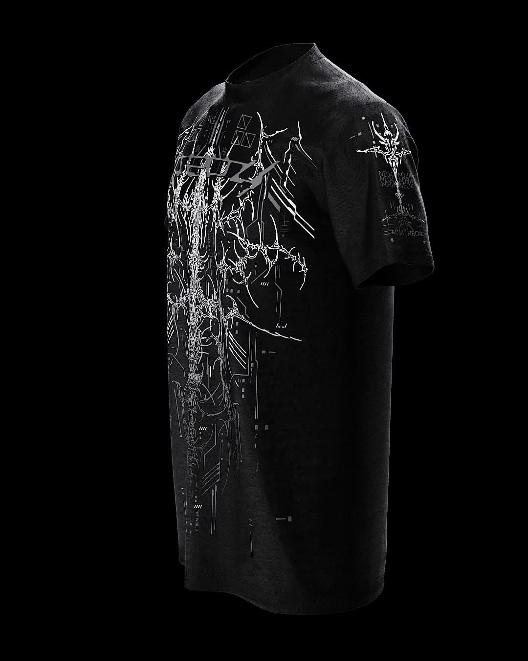 Angled front view of black T-shirt with fine gray ornamental artwork.