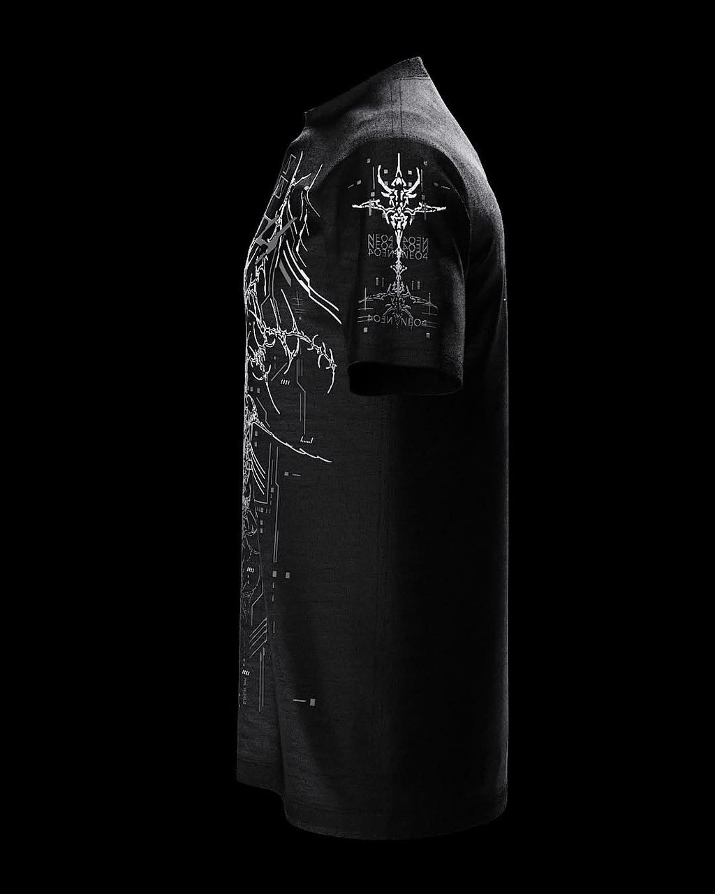 Side view of black T-shirt with fine gray ornamental artwork.