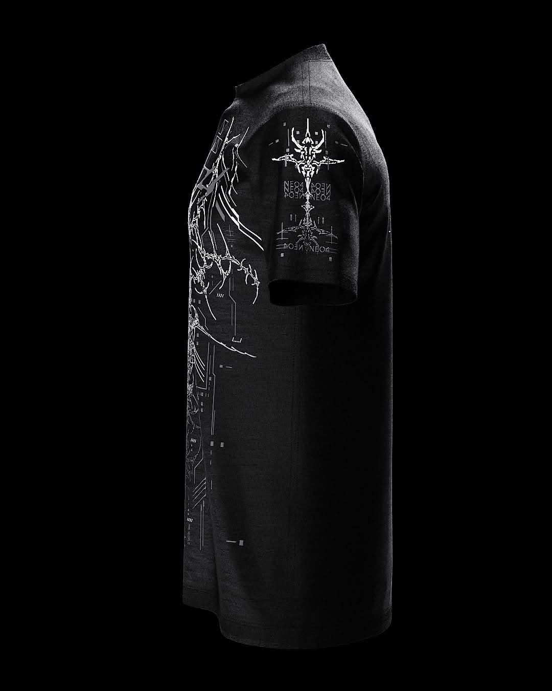 Side view of black T-shirt with fine gray ornamental artwork.