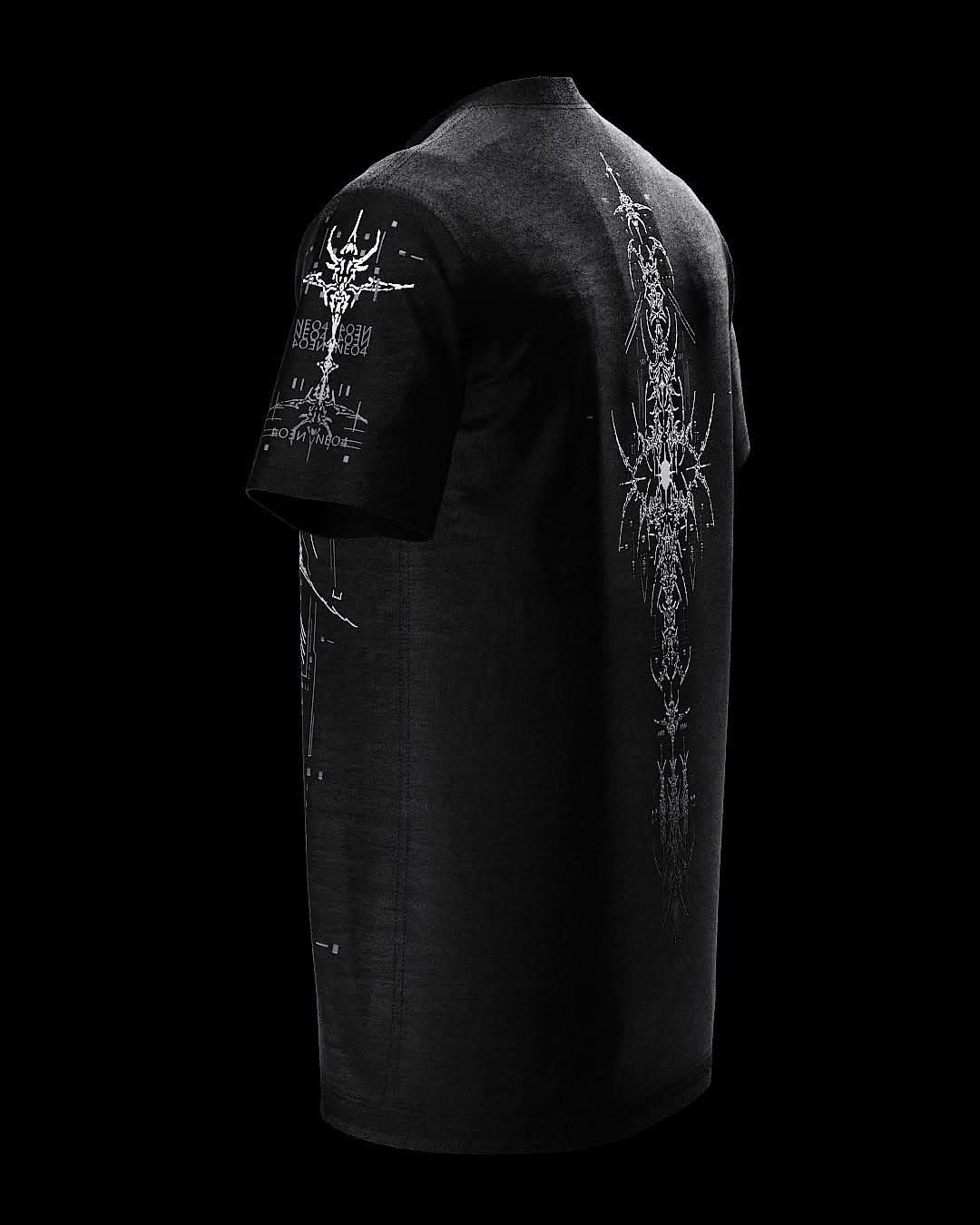 Angled rear view of black T-shirt with fine gray ornamental artwork.