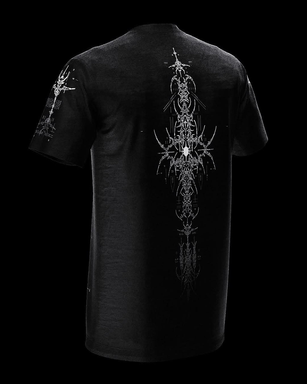 Rear view of black T-shirt with fine gray ornamental artwork.