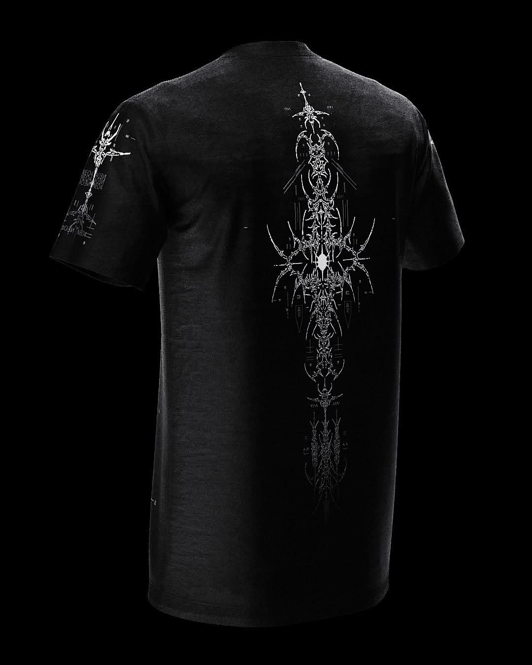 Rear view of black T-shirt with fine gray ornamental artwork.