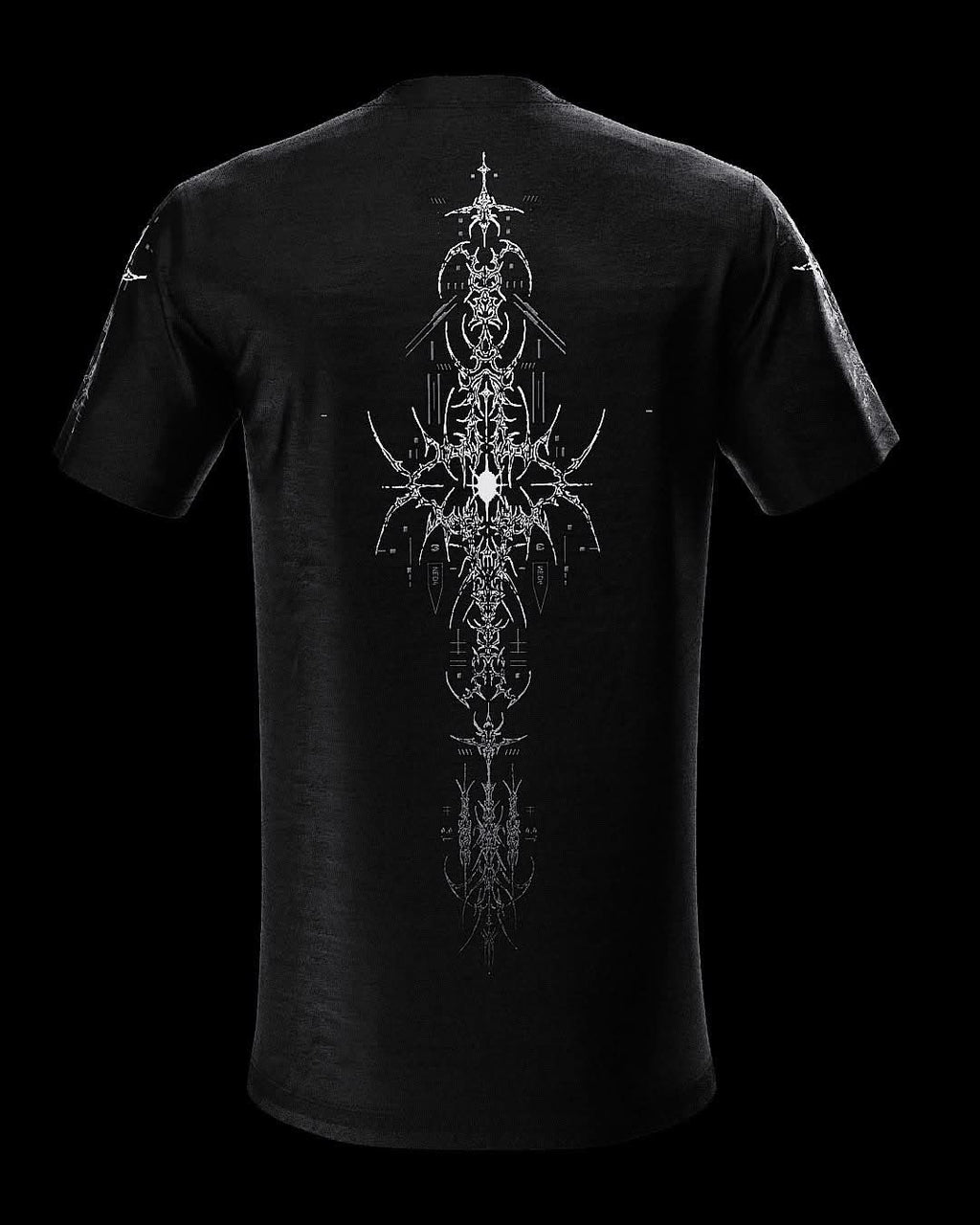 Rear view of black T-shirt with fine gray ornamental artwork.