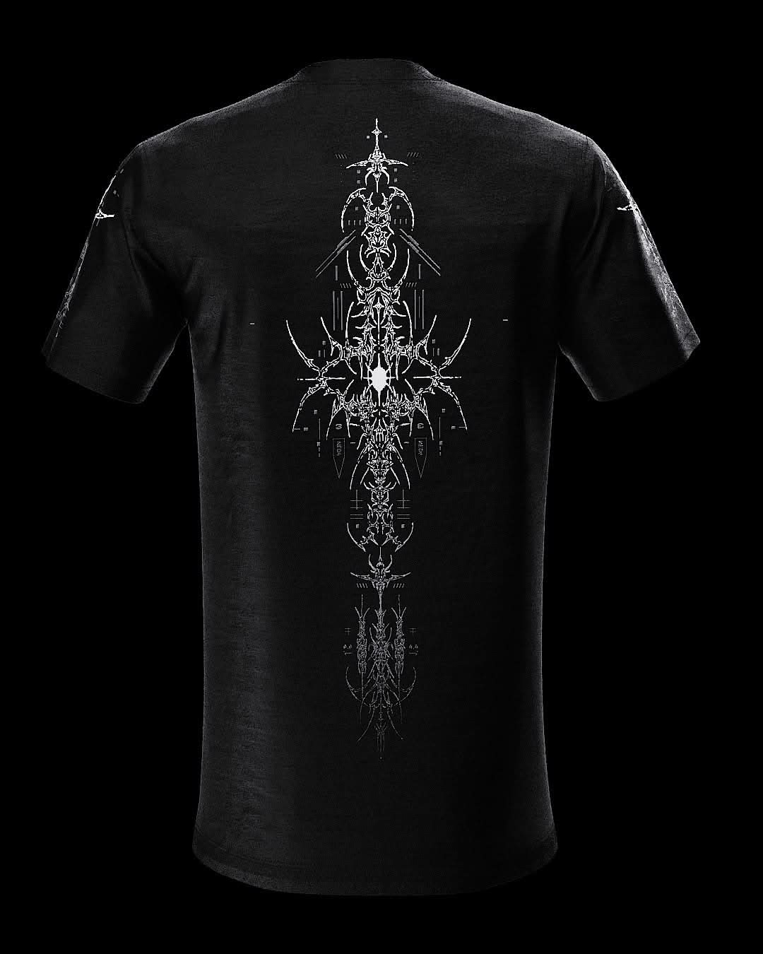 Rear view of black T-shirt with fine gray ornamental artwork.