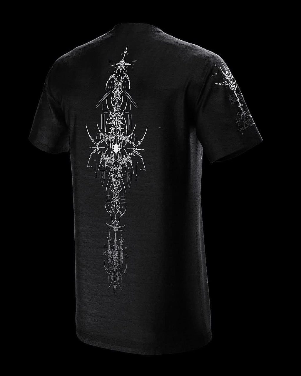 Rear view of black T-shirt with fine gray ornamental artwork.