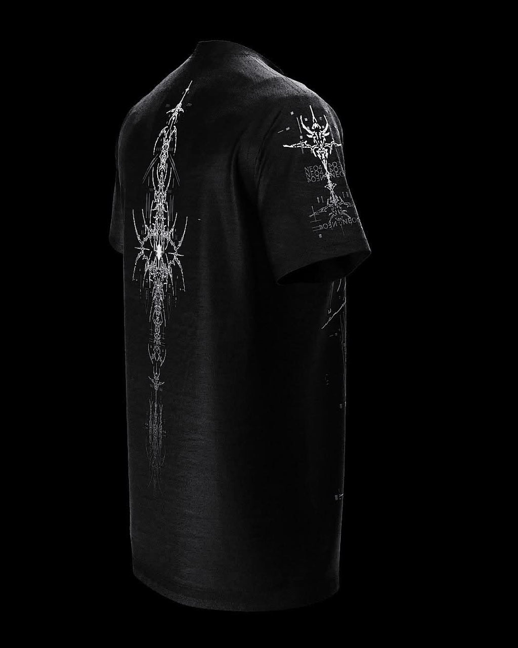 Angled rear view of black T-shirt with fine gray ornamental artwork.