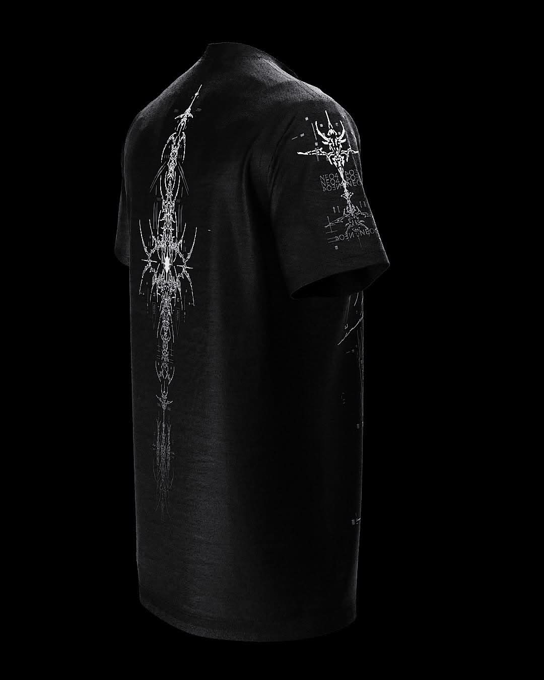 Angled rear view of black T-shirt with fine gray ornamental artwork.