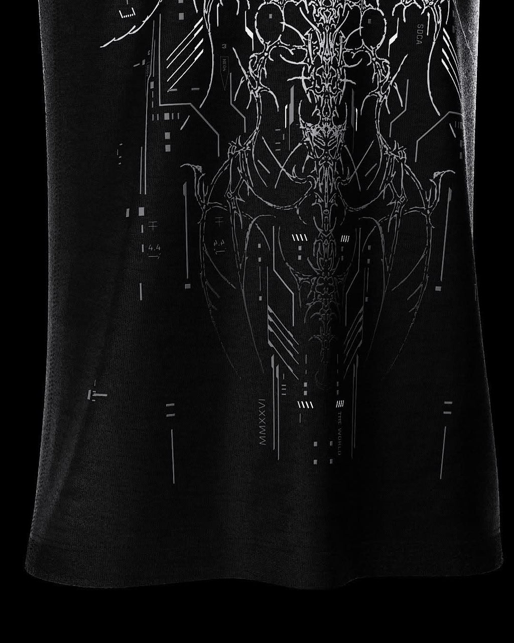 Close-up of fine gray artwork near black T-shirt hem.