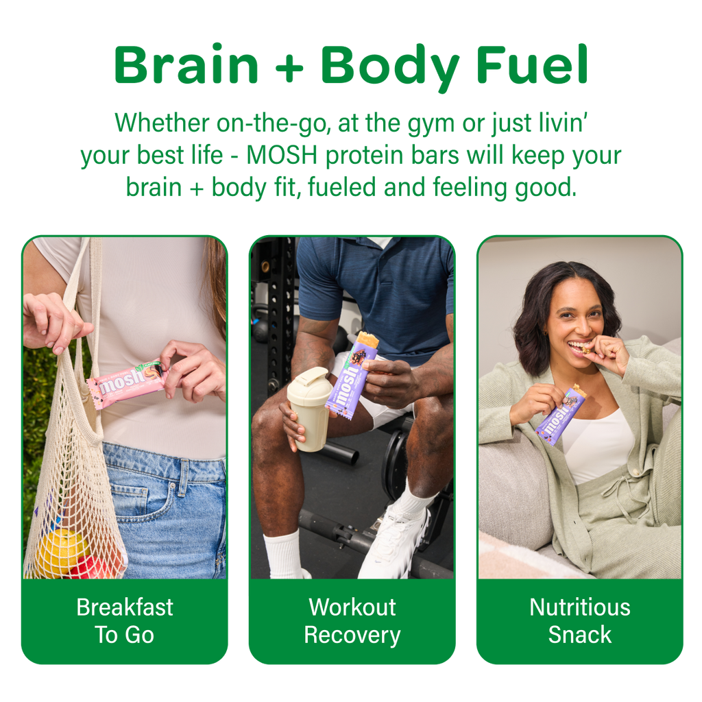MOSH graphic showing bars as breakfast, workout-recovery food, and snacks.
