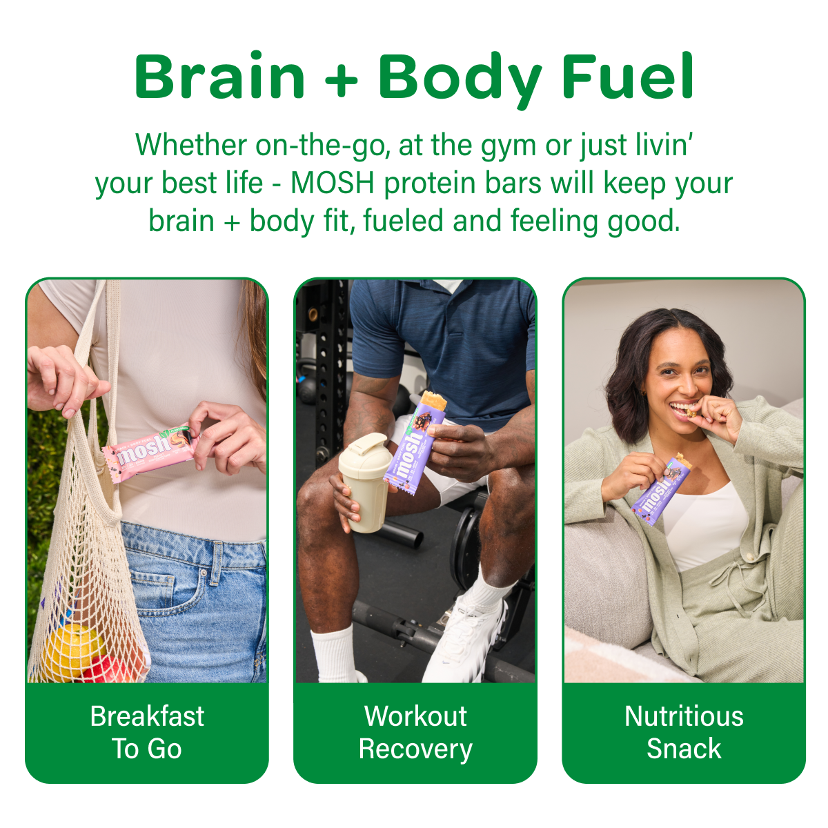 MOSH graphic showing bars as breakfast, workout-recovery food, and snacks.