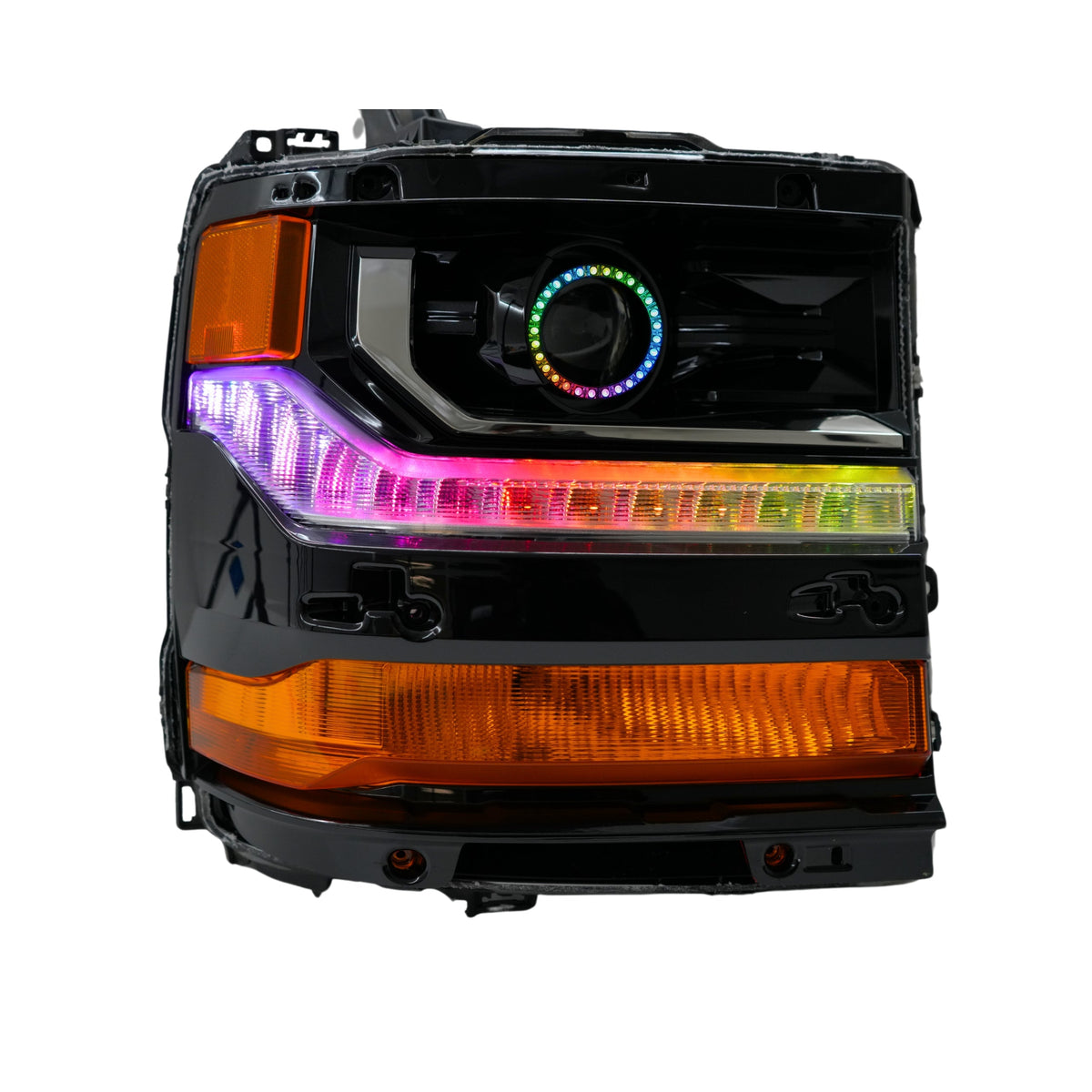Single truck headlight with rainbow strip and circular ring.