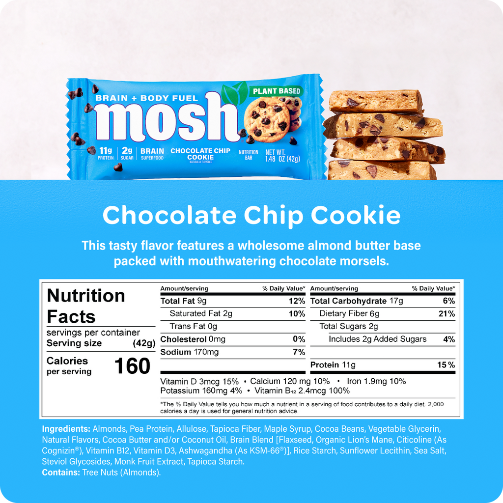 MOSH chocolate chip cookie wrapper above its nutrition-facts panel.
