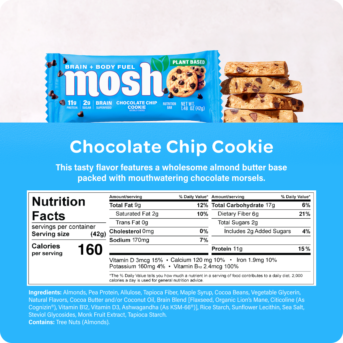 MOSH chocolate chip cookie wrapper above its nutrition-facts panel.