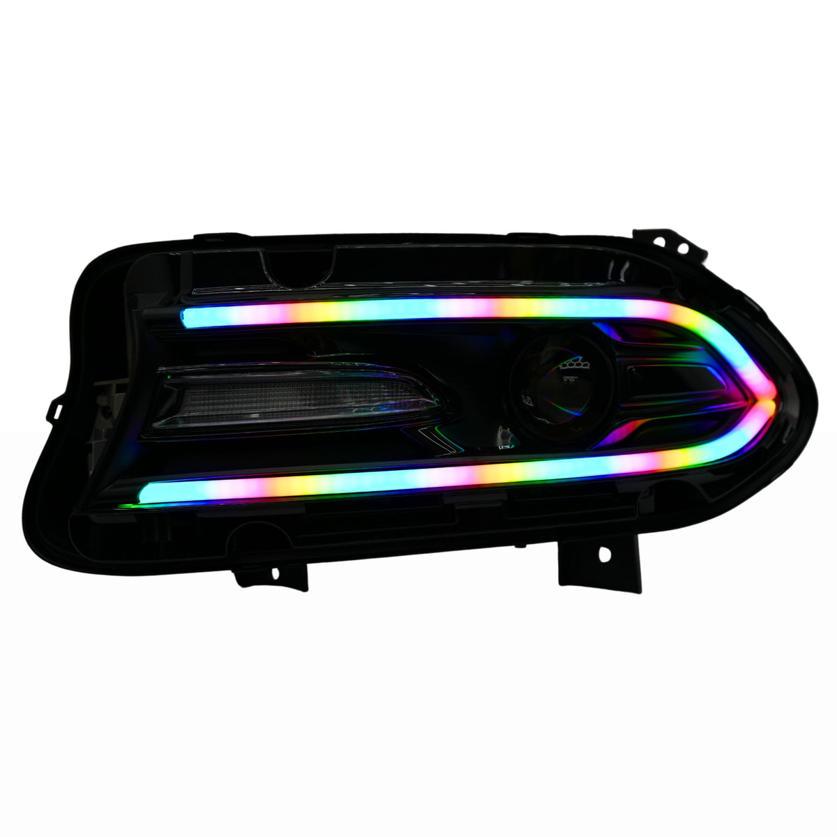 Headlight assembly with rainbow outline.