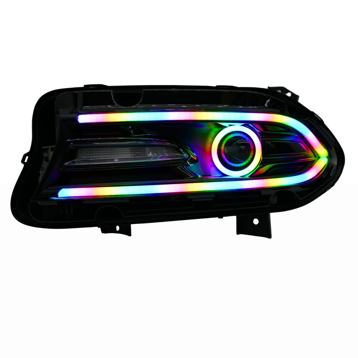 Headlight assembly with rainbow outline and circular ring.