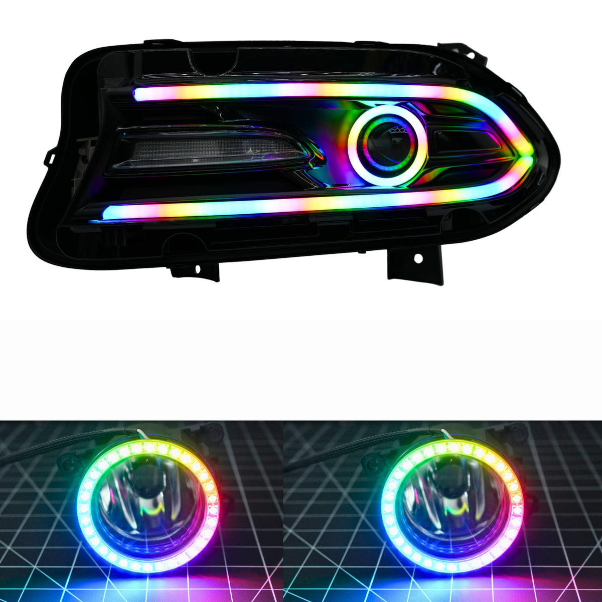 Headlight assembly with rainbow outline and circular ring detail inset.