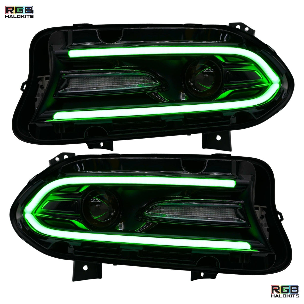 Pair of headlights with green illuminated outlines.