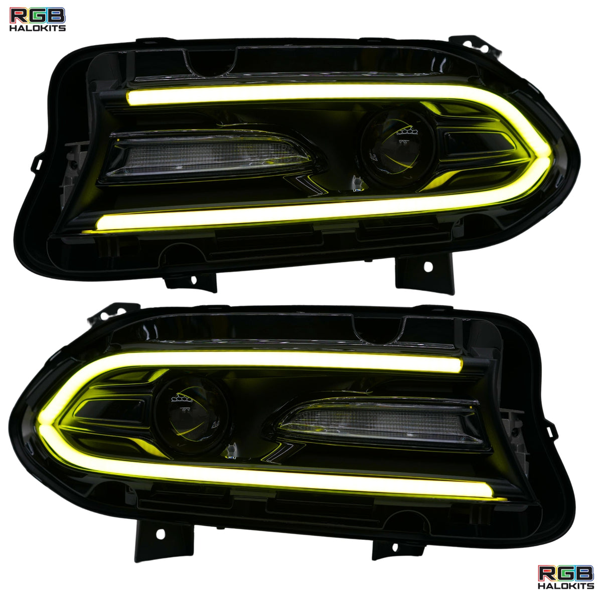 Pair of headlights with yellow illuminated outlines.