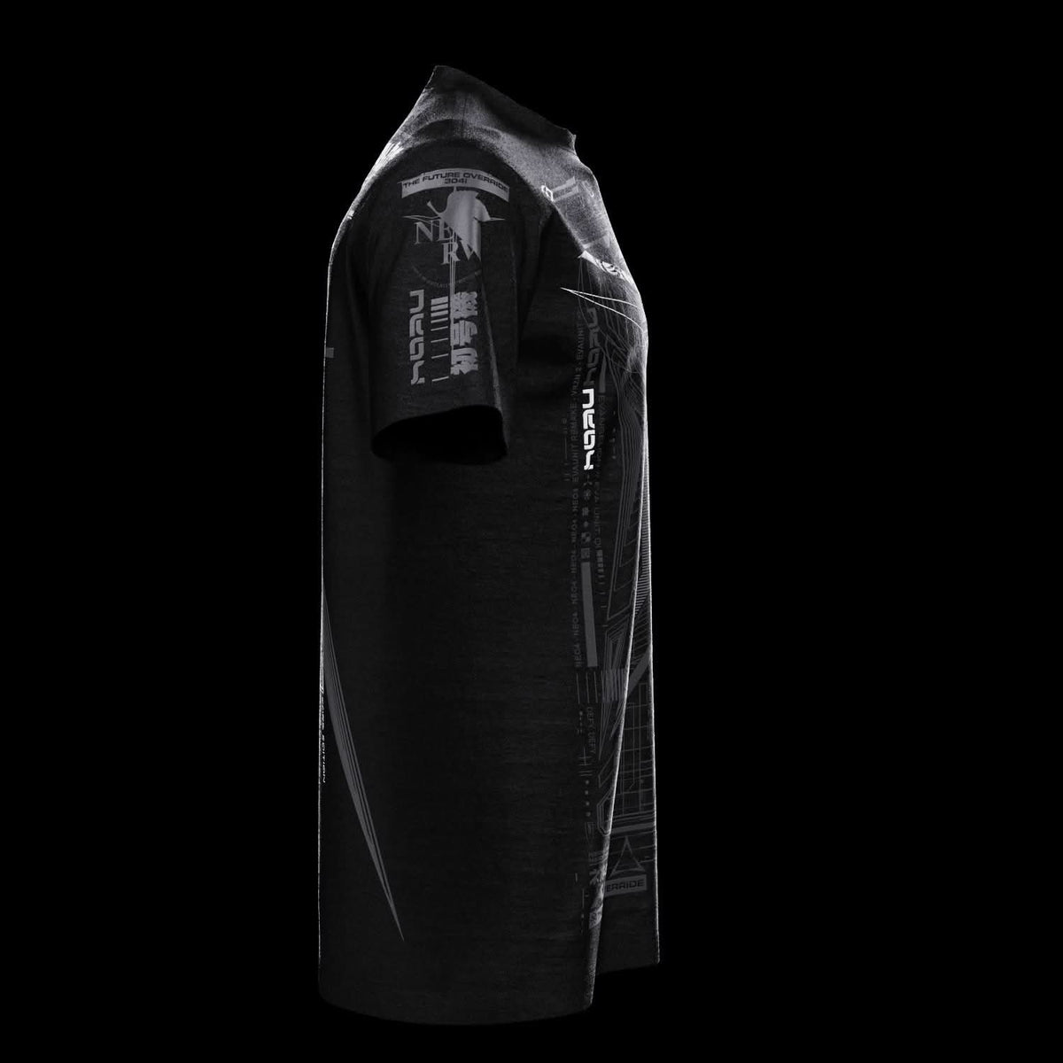 Side view of black T-shirt with gray technical artwork.