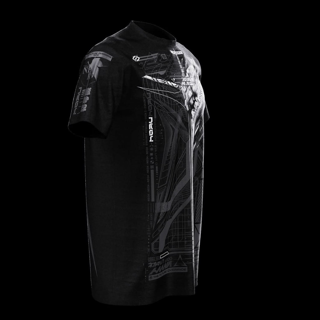 Angled front view of black T-shirt with gray technical artwork.