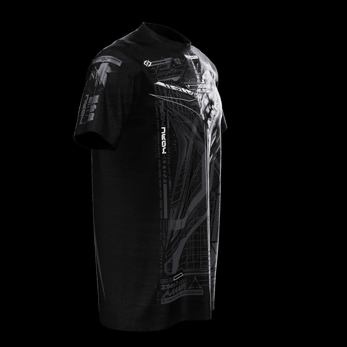 Angled front view of black T-shirt with gray technical artwork.