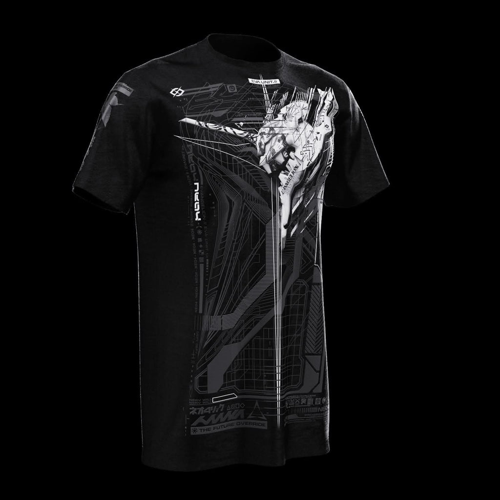 Front view of black T-shirt with gray technical artwork.