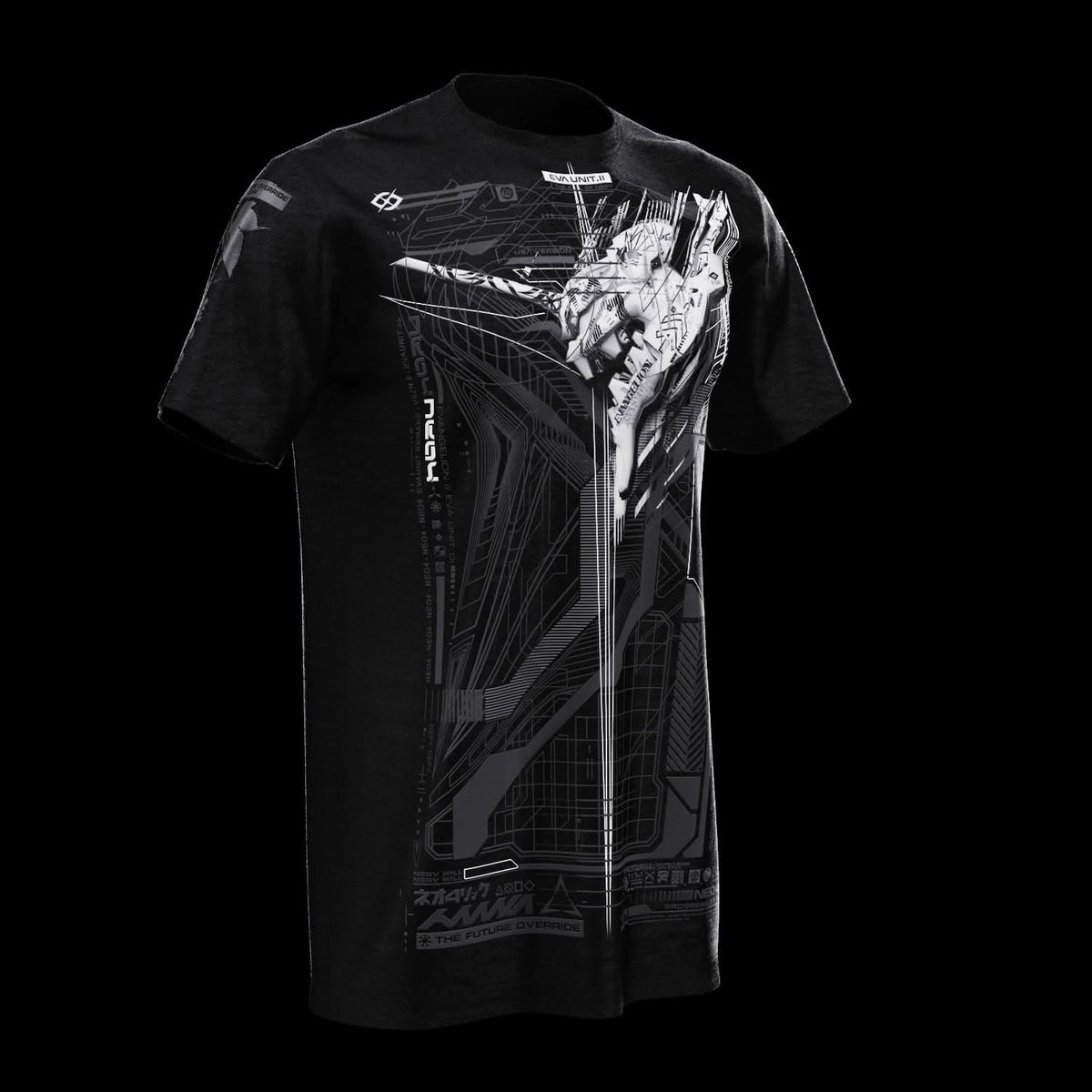 Front view of black T-shirt with gray technical artwork.