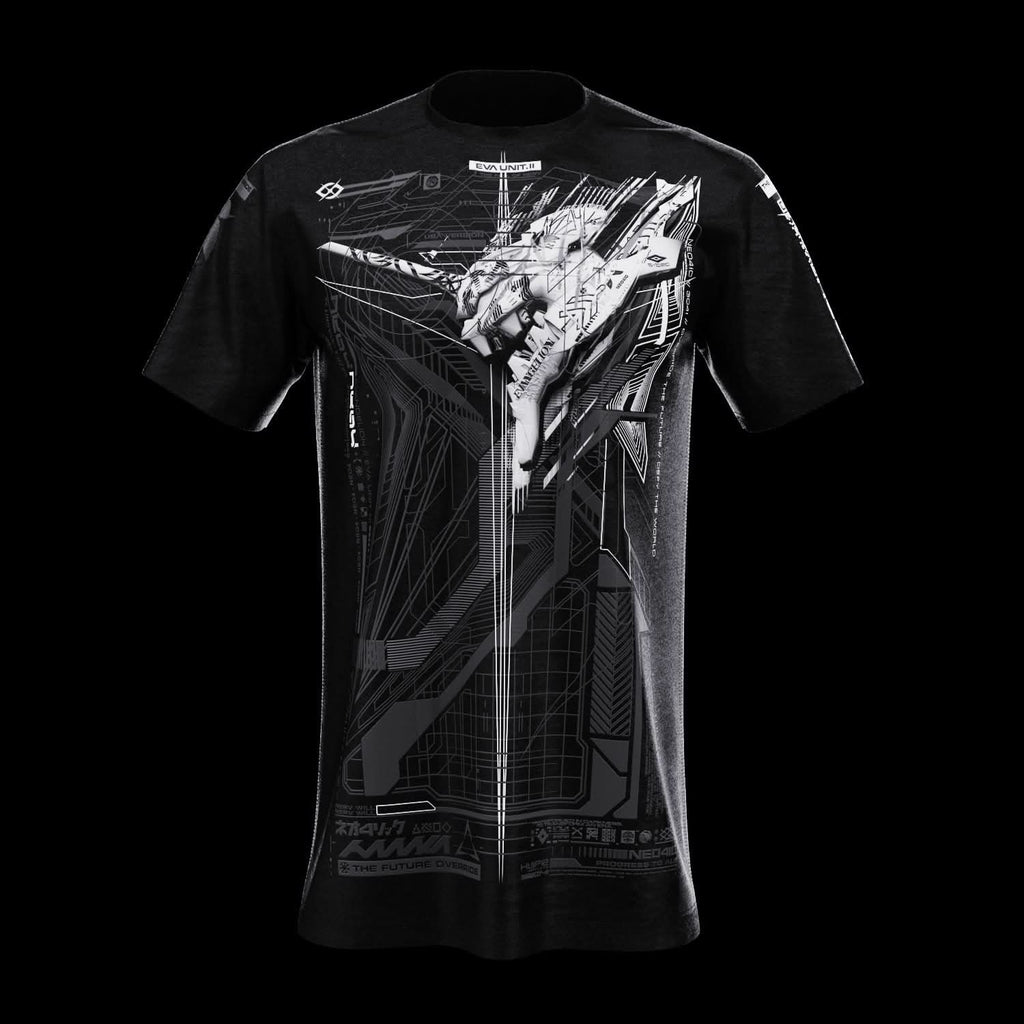 Front view of black T-shirt with gray technical artwork.