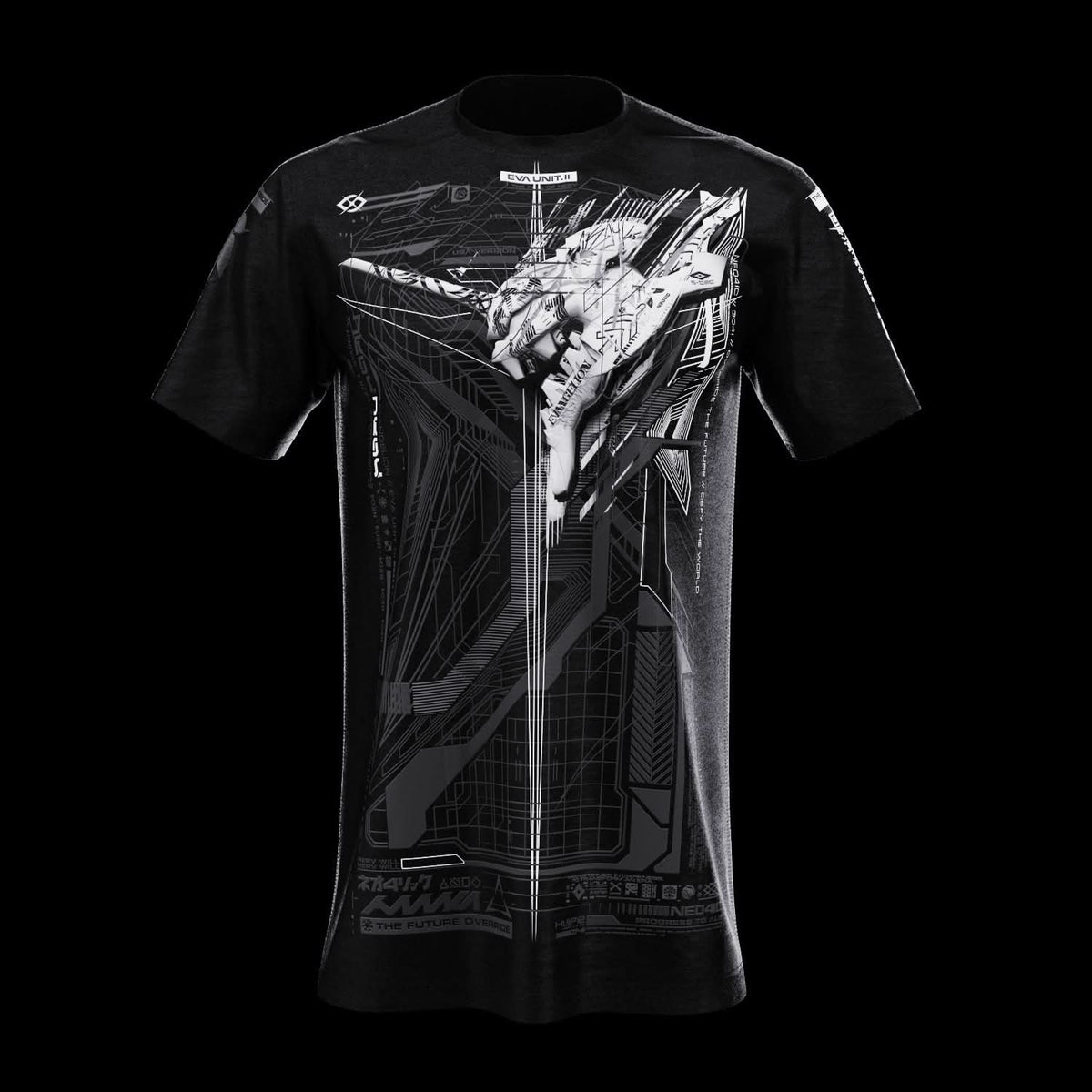 Front view of black T-shirt with gray technical artwork.
