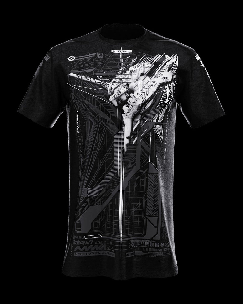 Front view of black T-shirt with gray technical artwork.
