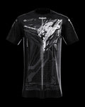Front view of black T-shirt with gray technical artwork.
