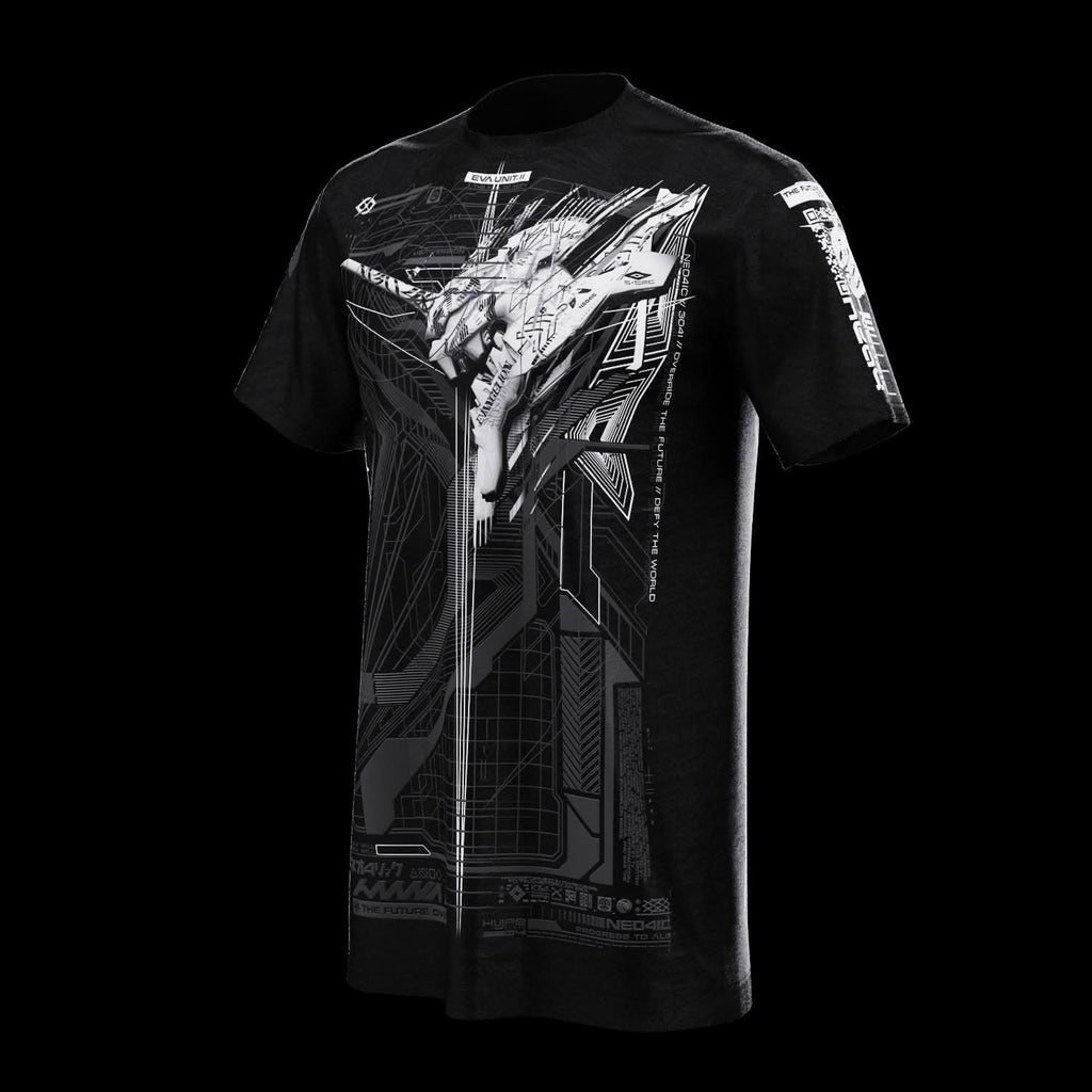 Front view of black T-shirt with gray technical artwork.