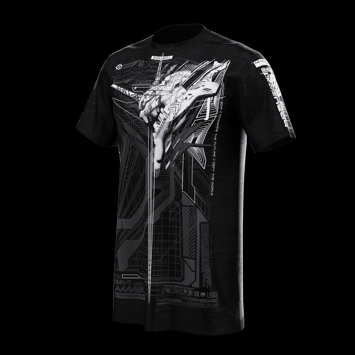 Front view of black T-shirt with gray technical artwork.