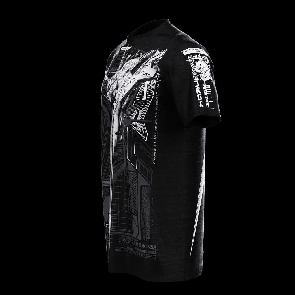 Angled front view of black T-shirt with gray technical artwork.