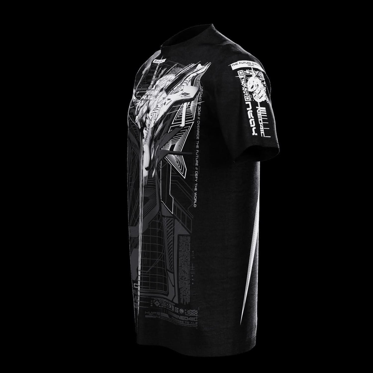 Angled front view of black T-shirt with gray technical artwork.
