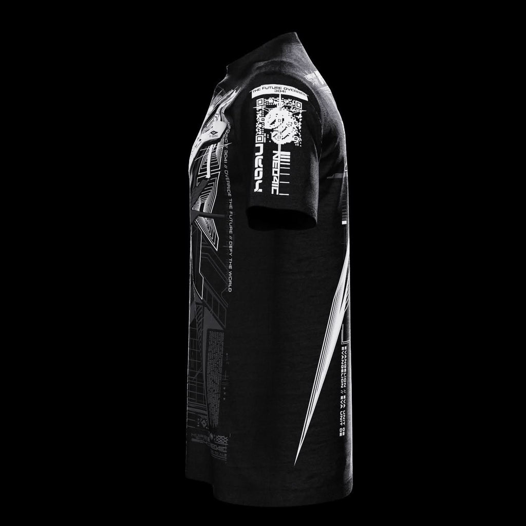 Side view of black T-shirt with gray technical artwork.