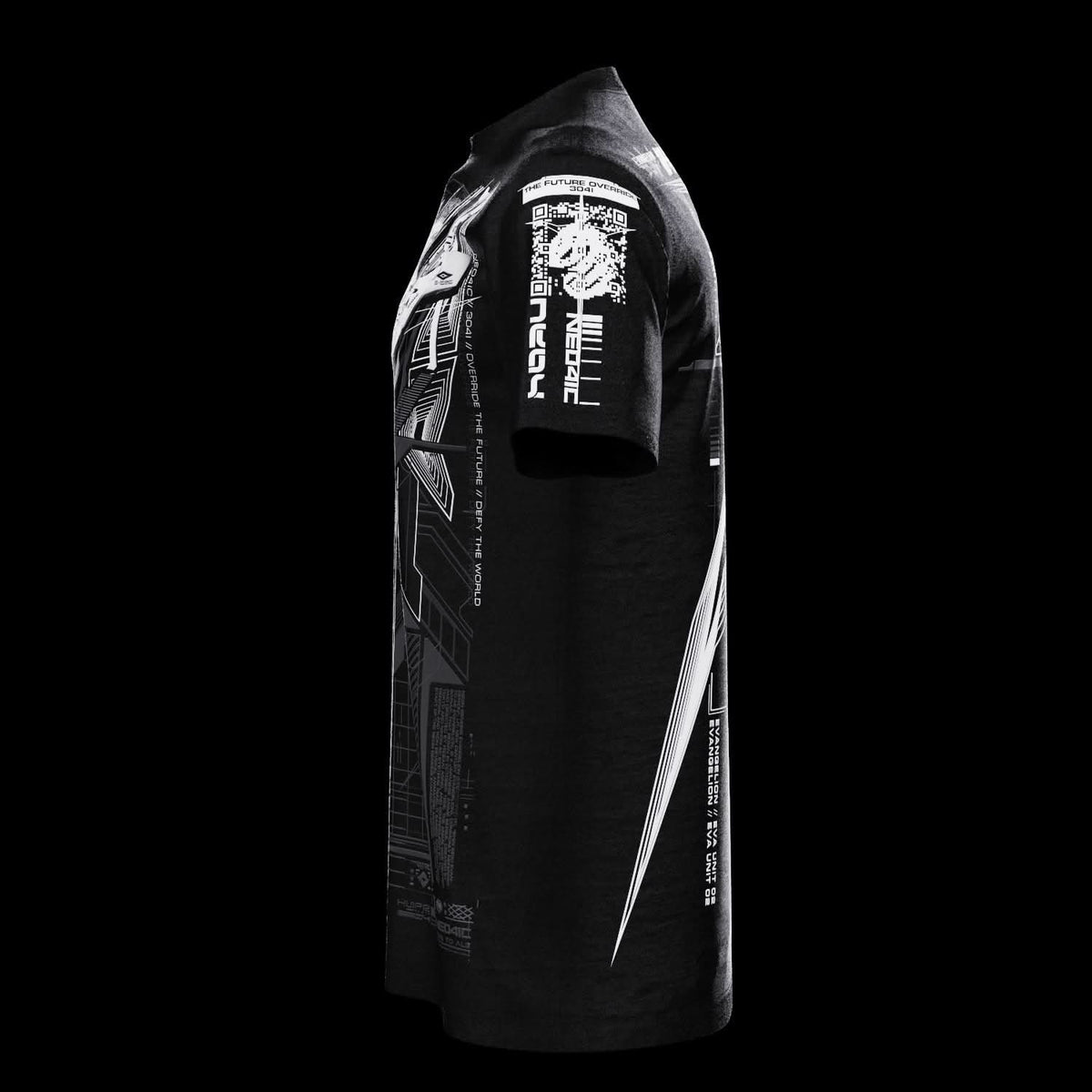 Side view of black T-shirt with gray technical artwork.