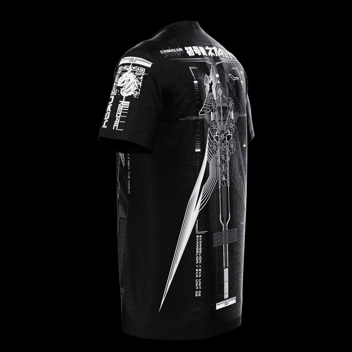 Angled rear view of black T-shirt with gray technical artwork.