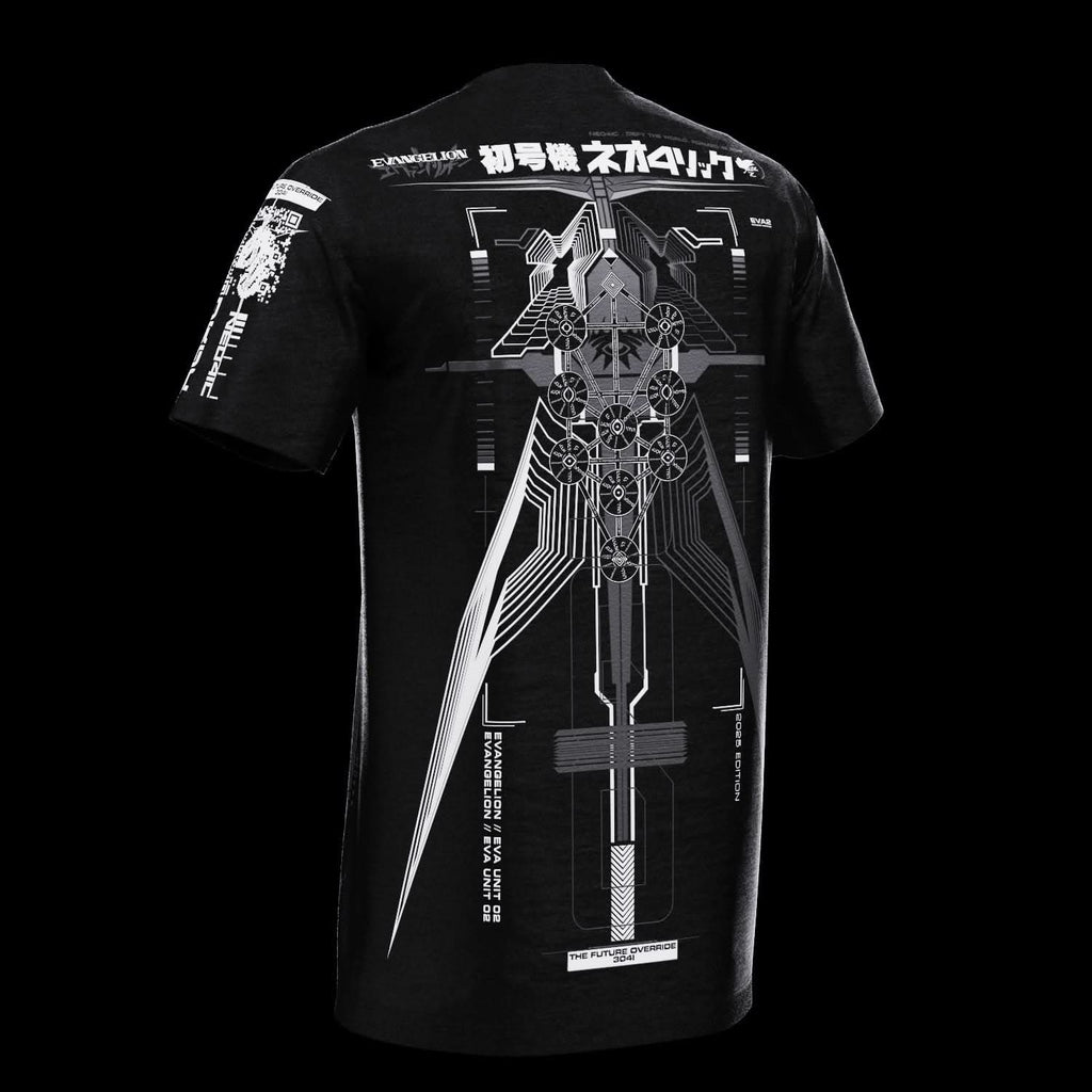 Rear view of black T-shirt with gray technical artwork.