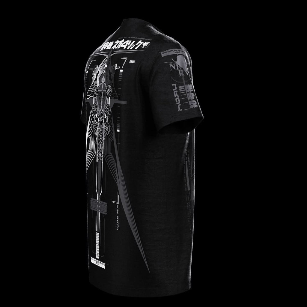 Angled rear view of black T-shirt with gray technical artwork.
