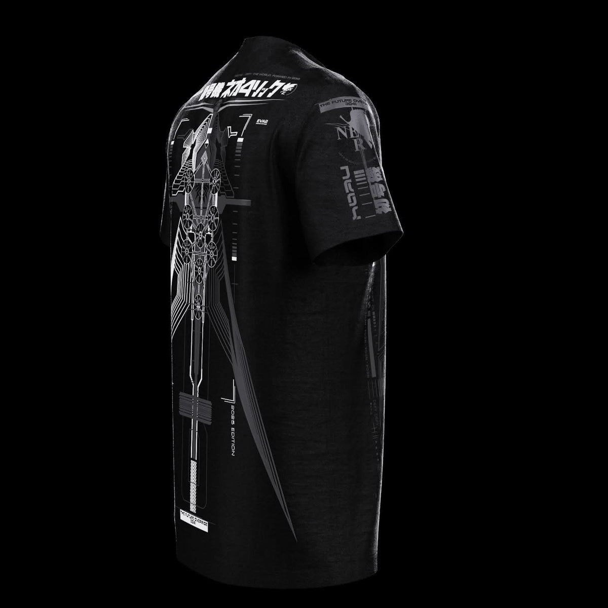 Angled rear view of black T-shirt with gray technical artwork.