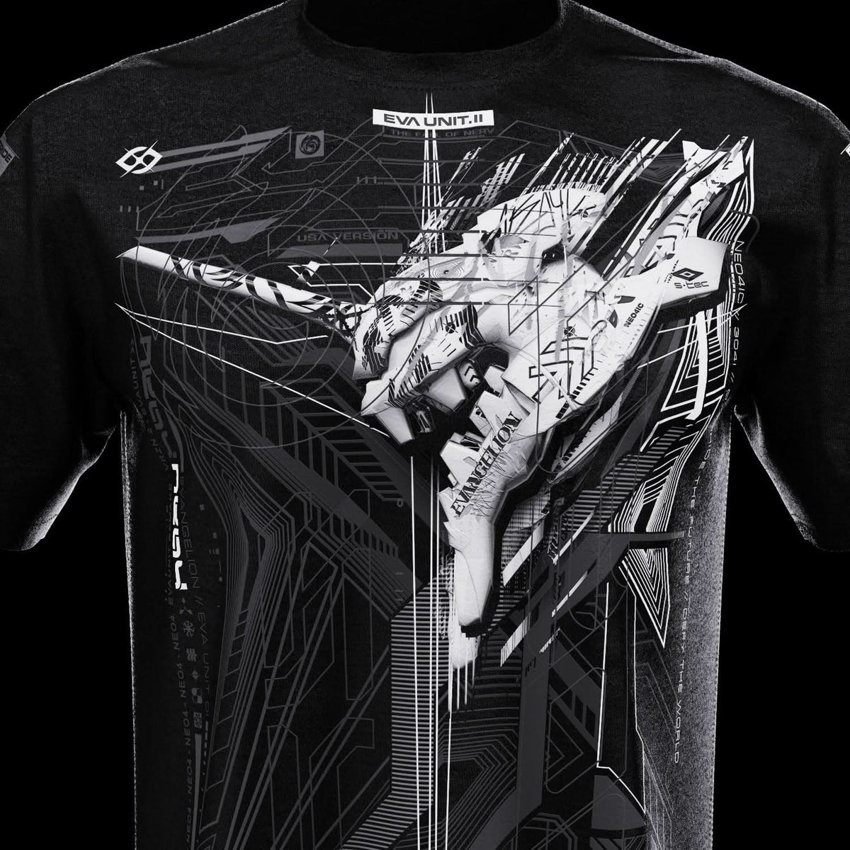 Close-up of upper front character artwork on black T-shirt.