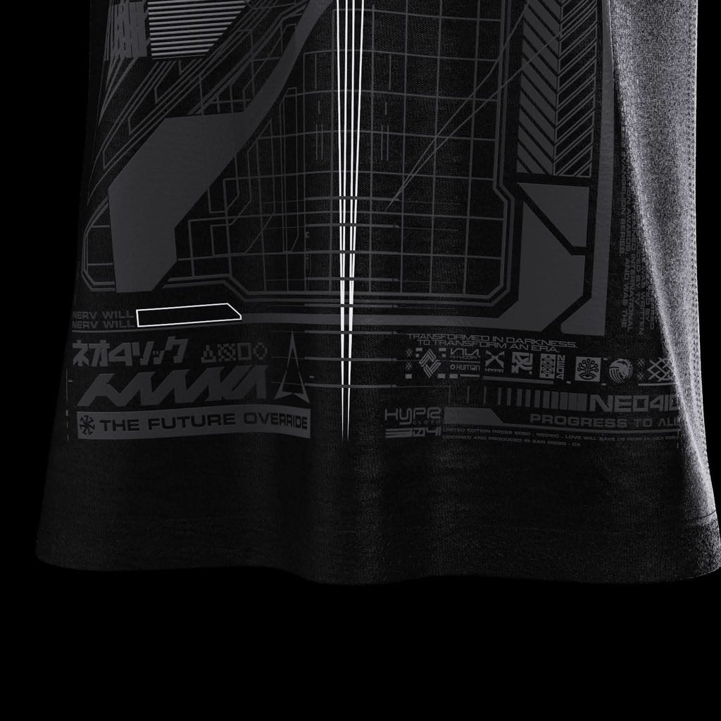 Close-up of gray printed details near black T-shirt hem.
